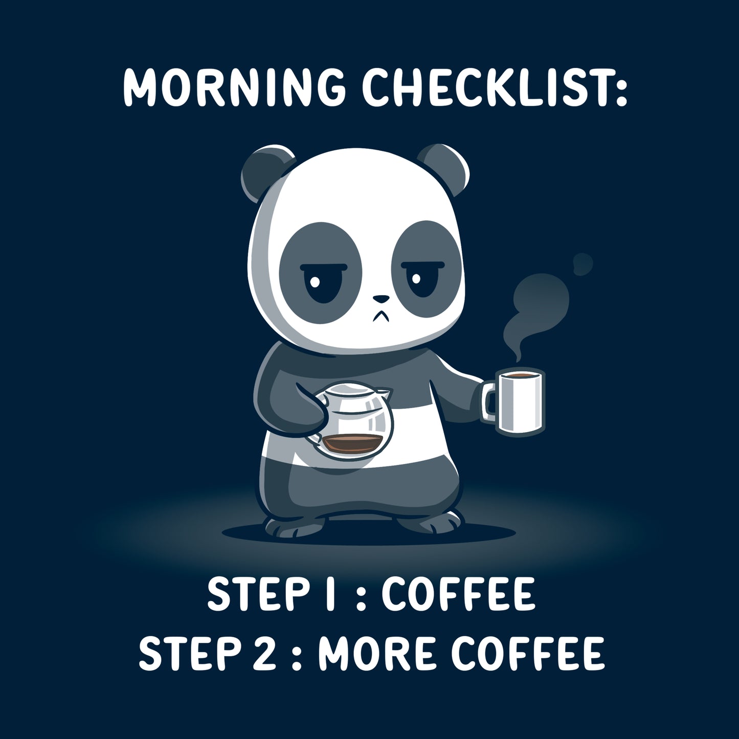 Classic Cotton T-shirt_TeeTurtle Morning Checklist navy blue t-shirt featuring a panda holding a coffee cup and a coffee pot.