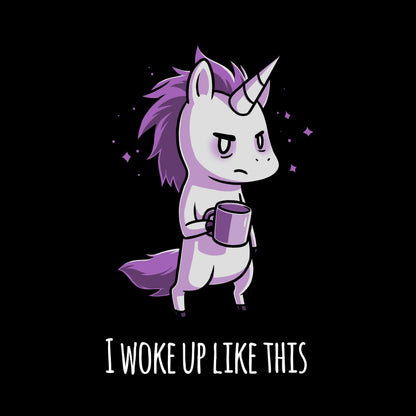 Classic Cotton T-shirt_TeeTurtle black Morning Unicorn. Featuring a disheveled unicorn holding a coffee cup.