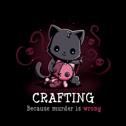 Long Sleeve T-shirt_TeeTurtle Murder is Wrong black t-shirt featuring a cartoon cat  with a needle stitches a voodoo doll with skulls and swirly designs are in the background while crafting