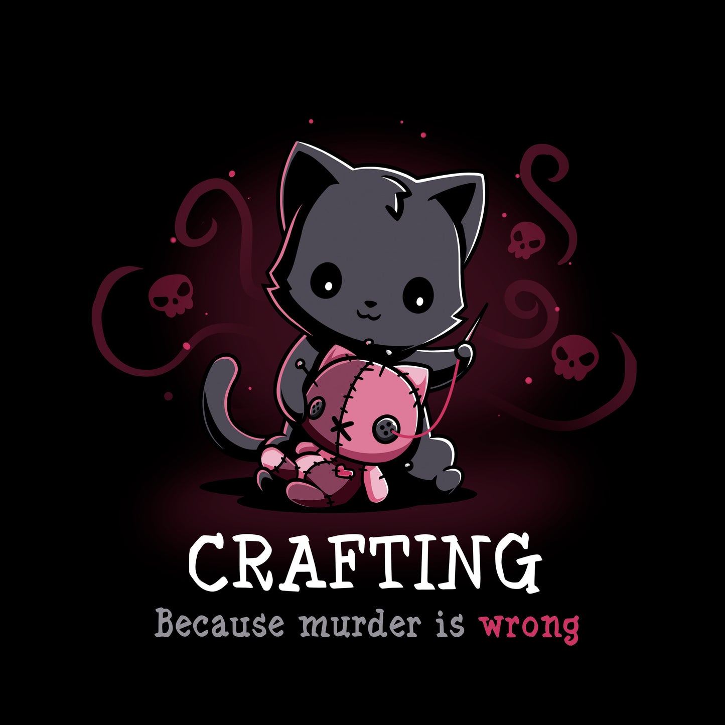 Crew Neck Sweatshirt_TeeTurtle Murder is Wrong black t-shirt featuring a cartoon cat  with a needle stitches a voodoo doll with skulls and swirly designs are in the background while crafting