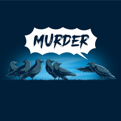 Classic Cotton T-shirt_TeeTurtle Murder of Crows navy blue t-shirt featuring a group of crows standing, as one crow points at the group and says "murder!"