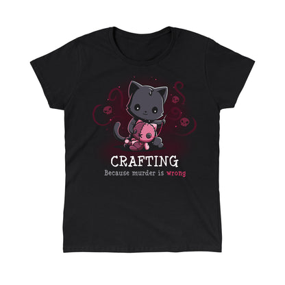 Classic Cotton T-shirt_TeeTurtle Murder is Wrong black t-shirt featuring a cartoon cat  with a needle stitches a voodoo doll with skulls and swirly designs are in the background while crafting