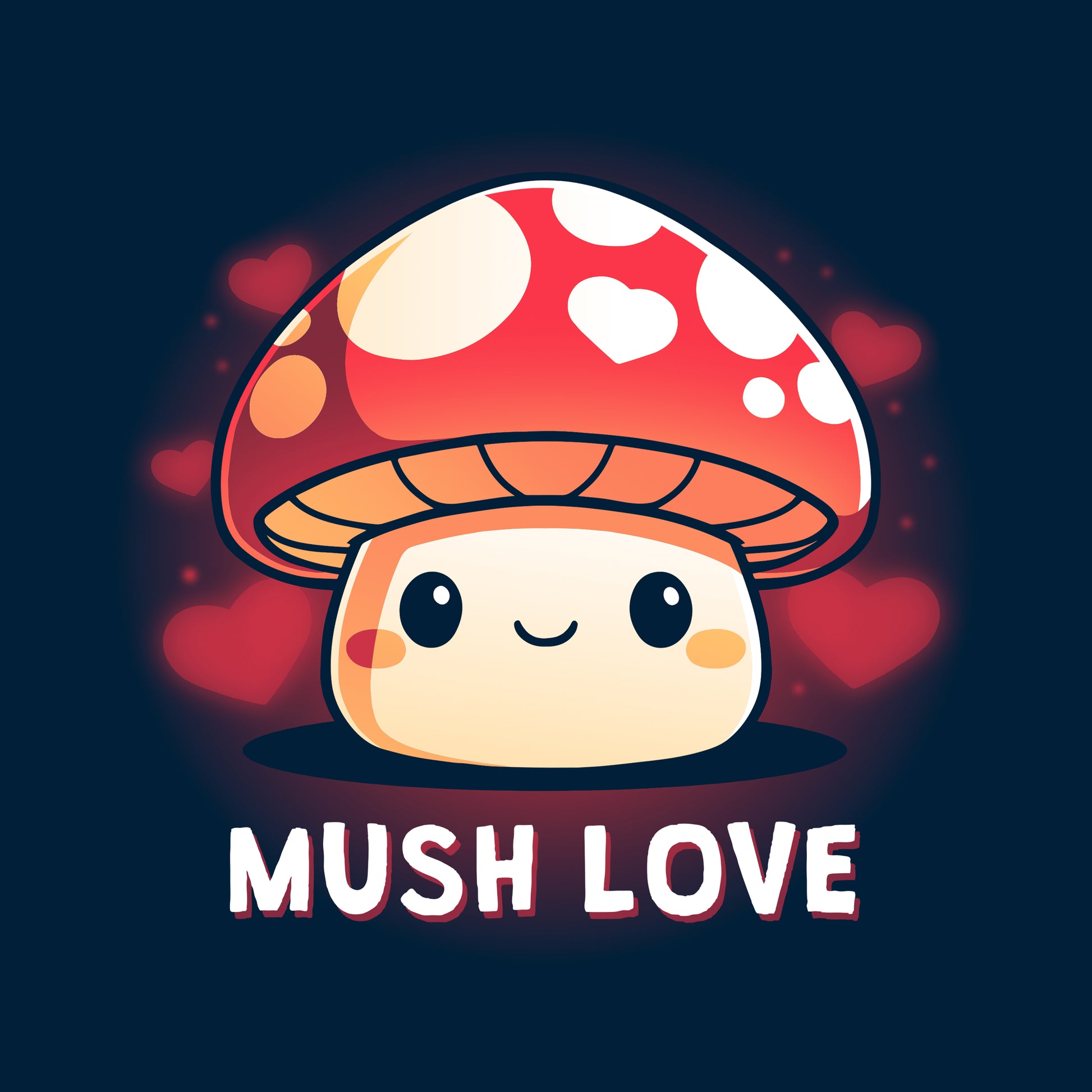 Classic Cotton T-shirt_TeeTurtle Mush Love navy blue t-shirt featuring a mushroom with a smiling face, red cap, and white spots. Hearts surround the mushroom and the words "MUSH LOVE" are printed below.