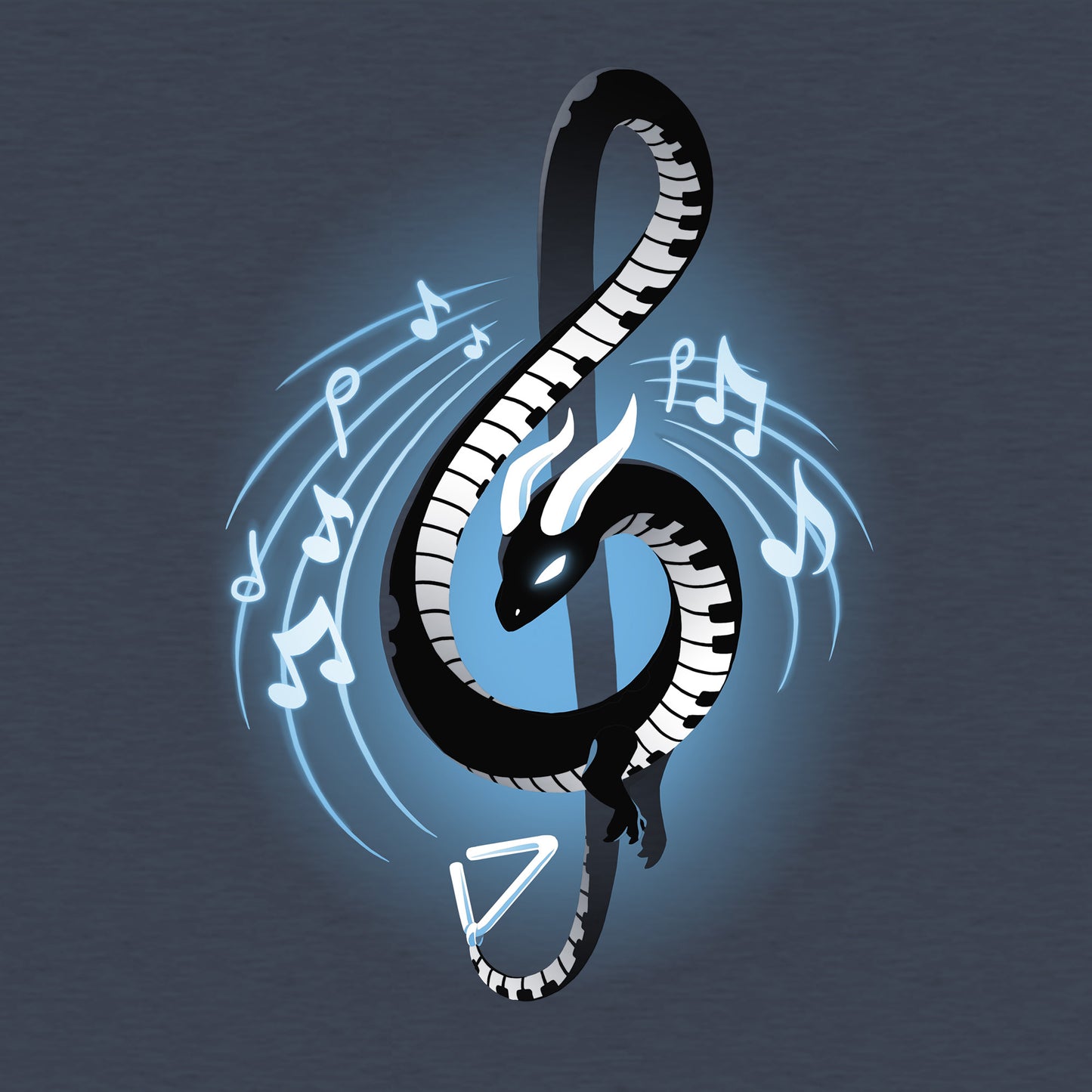 Classic Cotton T-shirt_TeeTurtle Musical Dragon heather navy t-shirt featuring a serpent-shaped musical dragon with piano key scales and white horns forming a treble clef, surrounded by musical notes on a dark blue background.