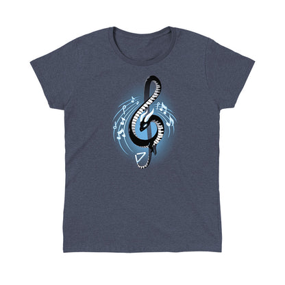 Classic Cotton T-shirt_TeeTurtle Musical Dragon heather navy t-shirt featuring a serpent-shaped musical dragon with piano key scales and white horns forming a treble clef, surrounded by musical notes on a dark blue background.