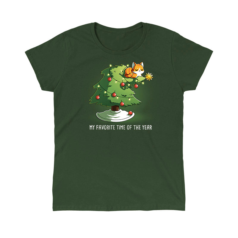 Classic Cotton T-shirt_TeeTurtle forest green My Favorite Time Of Year apparel featuring an orange tabby sitting on top of a Christmas tree that’s bending underneath its weight, with the caption, “My Favorite Time Of The Year“.