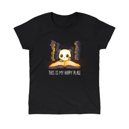 Classic Cotton T-shirt_TeeTurtle black My Happy Place. Featuring a panda in its happy place reading an open book surrounded by stacks of books.