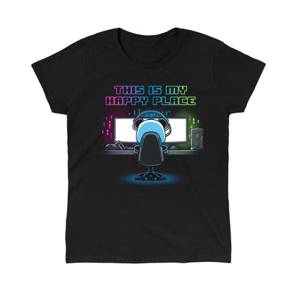 Classic Cotton T-shirt_Illustration of a person sitting at a computer desk with multiple monitors, wearing a headset and a black apparel. Above them, text reads "My Rig is My Happy Place" by monsterdigital in colorful neon letters.