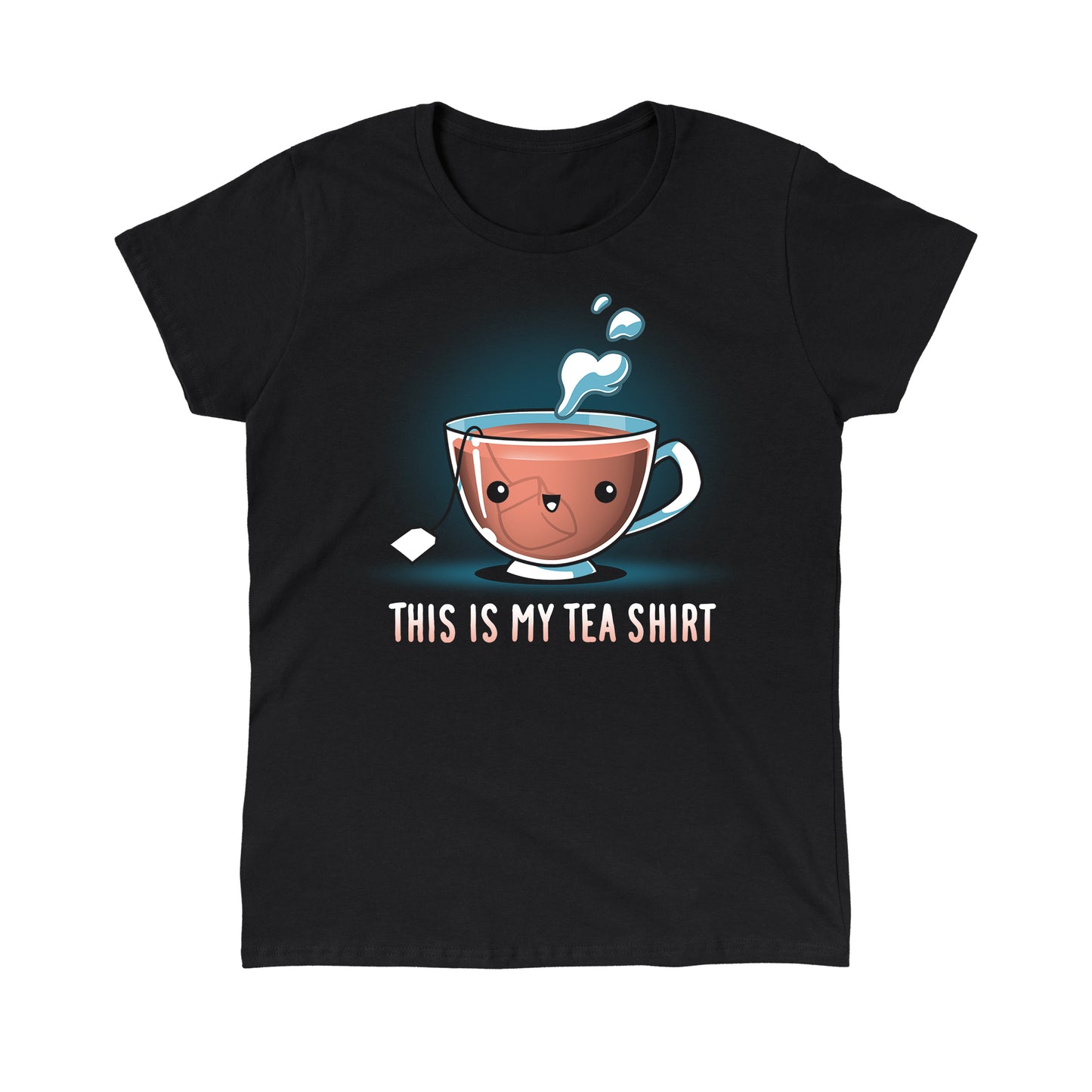 Classic Cotton T-shirt_TeeTurtle My Tea Shirt black t-shirt featuring a smiling teacup with a tea bag inside. Text below reads, "This is My Tea Shirt."