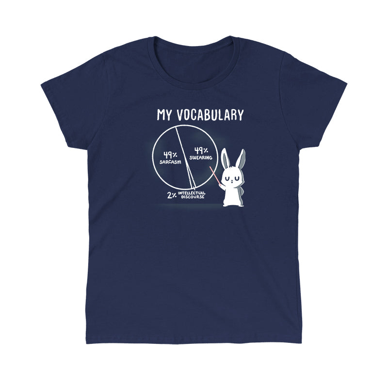 Classic Cotton T-shirt_TeeTurtle navy blue My Vocabulary. Featuring a bunny with a pie vocabulary chart split into 49% sarcasm, 49% swearing, and 2% intellectual discourse.