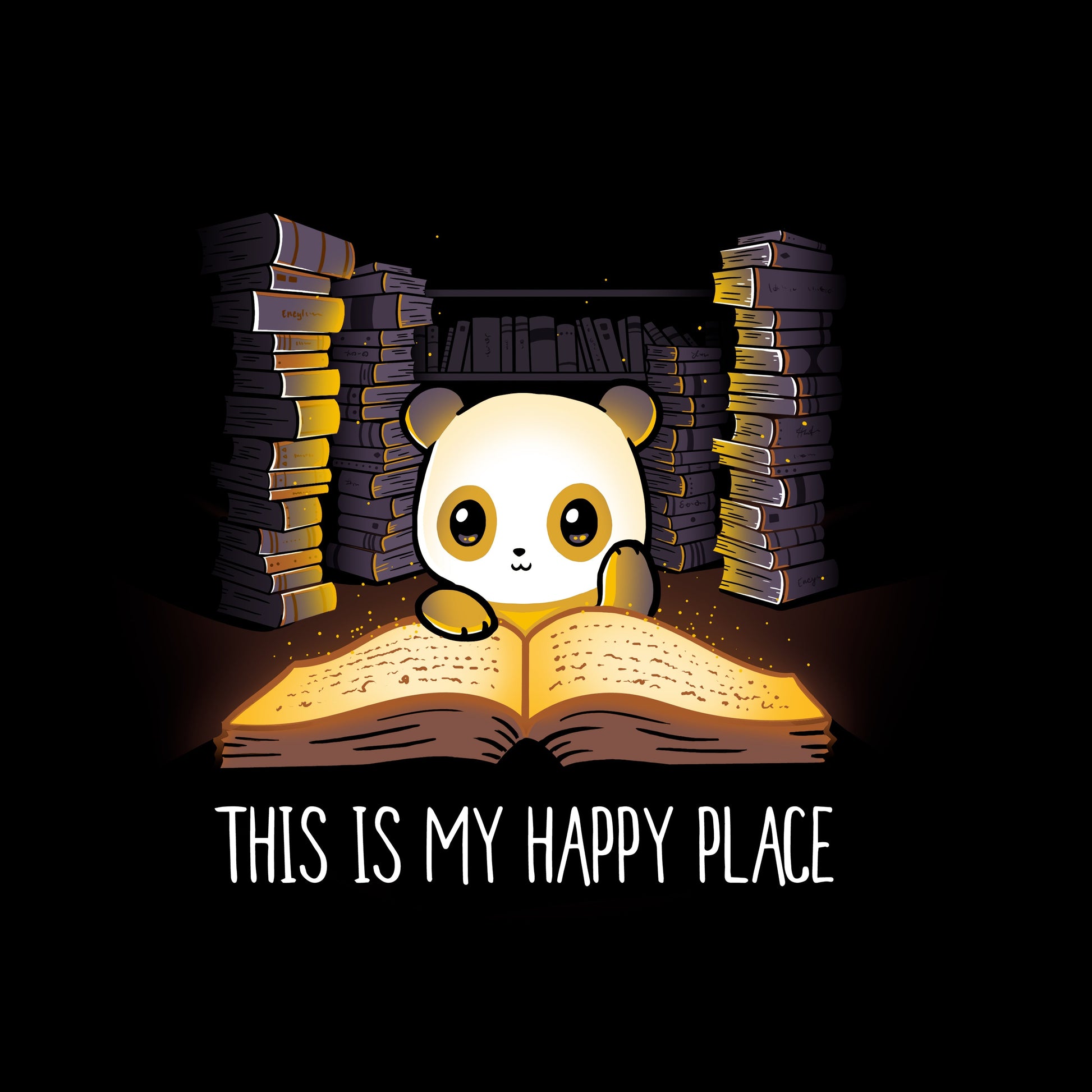 Long Sleeve T-shirt_TeeTurtle black My Happy Place. Featuring a panda in its happy place reading an open book surrounded by stacks of books.