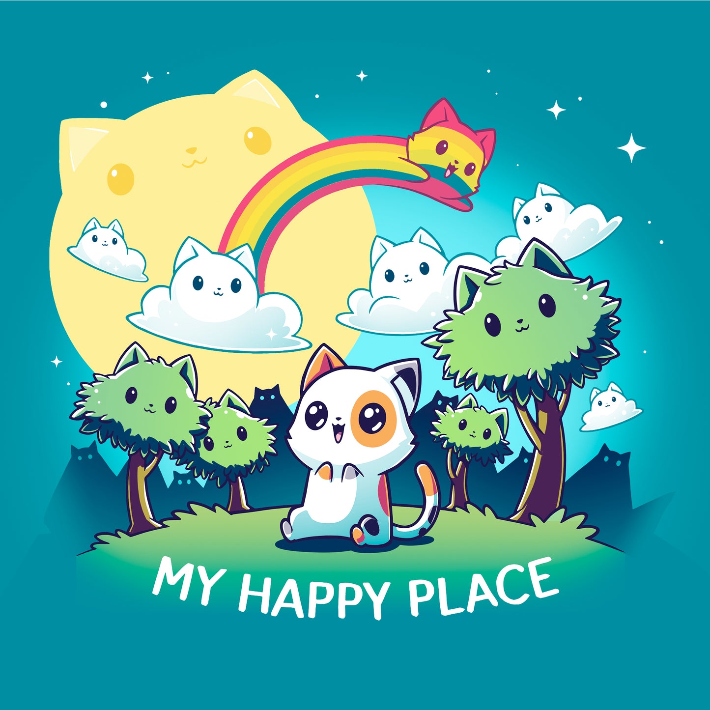 Classic Cotton T-shirt_TeeTurtle My Happy Place (Cats) Tropical Blue t-shirt featuring a cheerful cat with big smiling eyes sitting in a fantasy landscape with cat-shaped clouds, sun, rainbow, and trees all smiling.