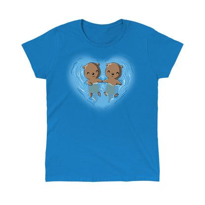 Classic Cotton T-shirt_TeeTurtle My Otter Half sapphire blue t-shirt featuring two otters holding hands while floating on their backs in water, surrounded by ripples in a heart shape.