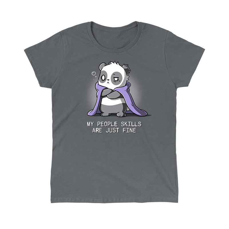 Classic Cotton T-shirt_TeeTurtle My People Skills Are Just Fine charcoal gray t-shirt featuring a sarcastic panda with a purple blanket draped around its shoulders and arms crossed.