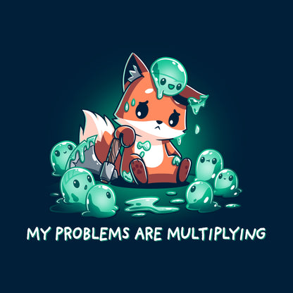 Crew Neck Sweatshirt_TeeTurtle My Problems are Multiplying navy blue design featuring a sad fox holding an axe and surrounded by fantasy green slimes that are multiplying.