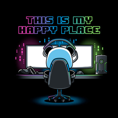 Long Sleeve T-shirt_Illustration of a person sitting at a computer desk with multiple monitors, wearing a headset and a black apparel. Above them, text reads "My Rig is My Happy Place" by monsterdigital in colorful neon letters.