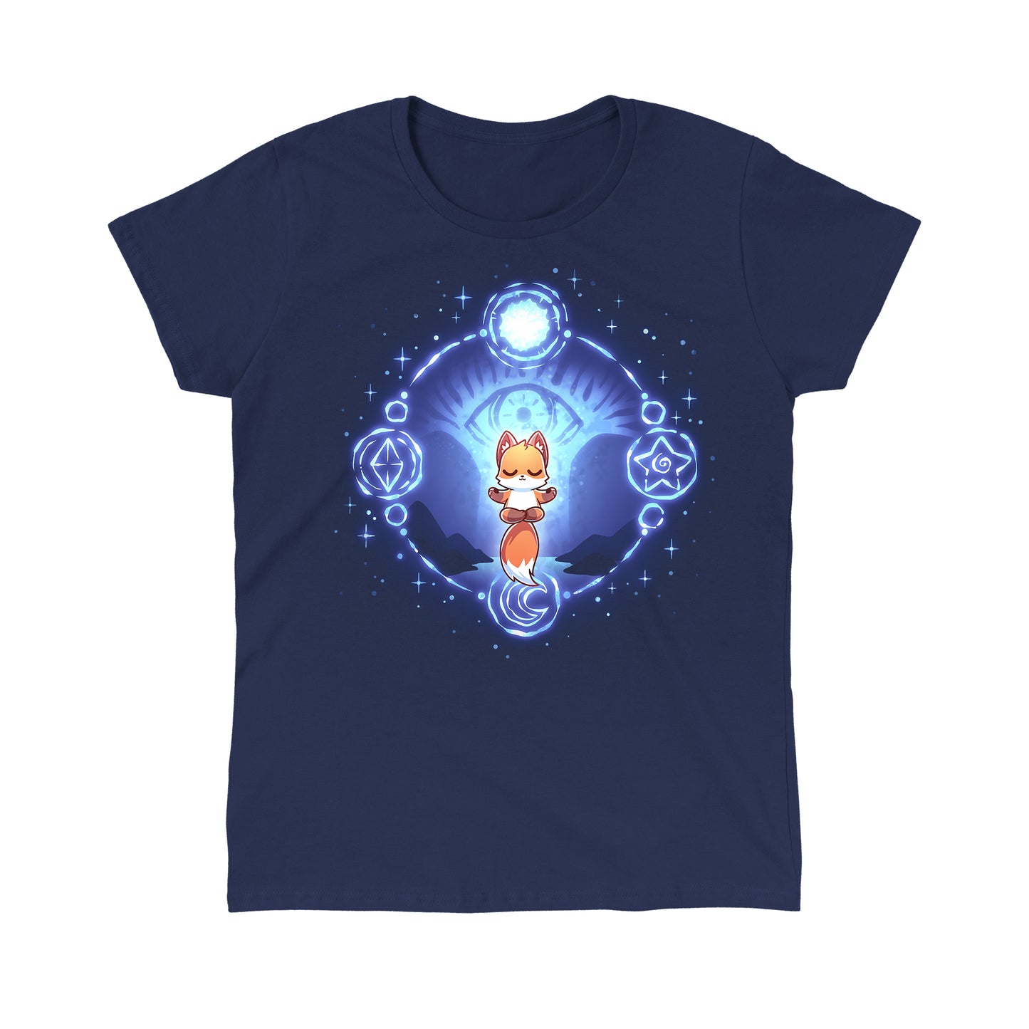 Classic Cotton T-shirt_TeeTurtle navy blue Mystic Fox apparel featuring a floating fox in a meditative position surrounded by a circle with mystical celestial symbols on it and a giant eye in the background.