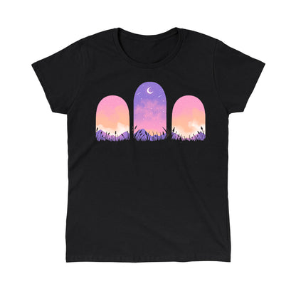 Classic Cotton T-shirt_TeeTurtle Mystic Triptych black t-shirt featuring three arched windows showing a purple and pink sky with a crescent moon and stars, silhouetted grass, and mountains in the foreground.