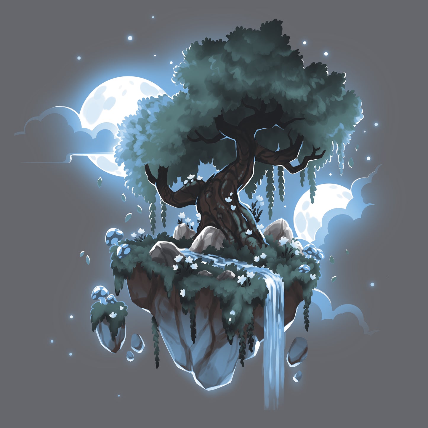 Classic Cotton T-shirt_TeeTurtle Mystical Floating Tree charcoal gray t-shirt featuring an illustration of a large tree on a floating island with a cascading waterfall and glowing blue moons in the background.