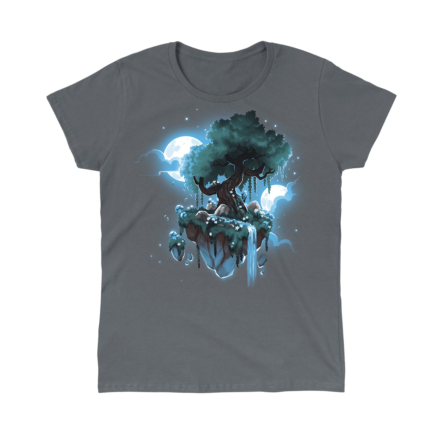 Classic Cotton T-shirt_TeeTurtle Mystical Floating Tree charcoal gray t-shirt featuring an illustration of a large tree on a floating island with a cascading waterfall and glowing blue moons in the background.