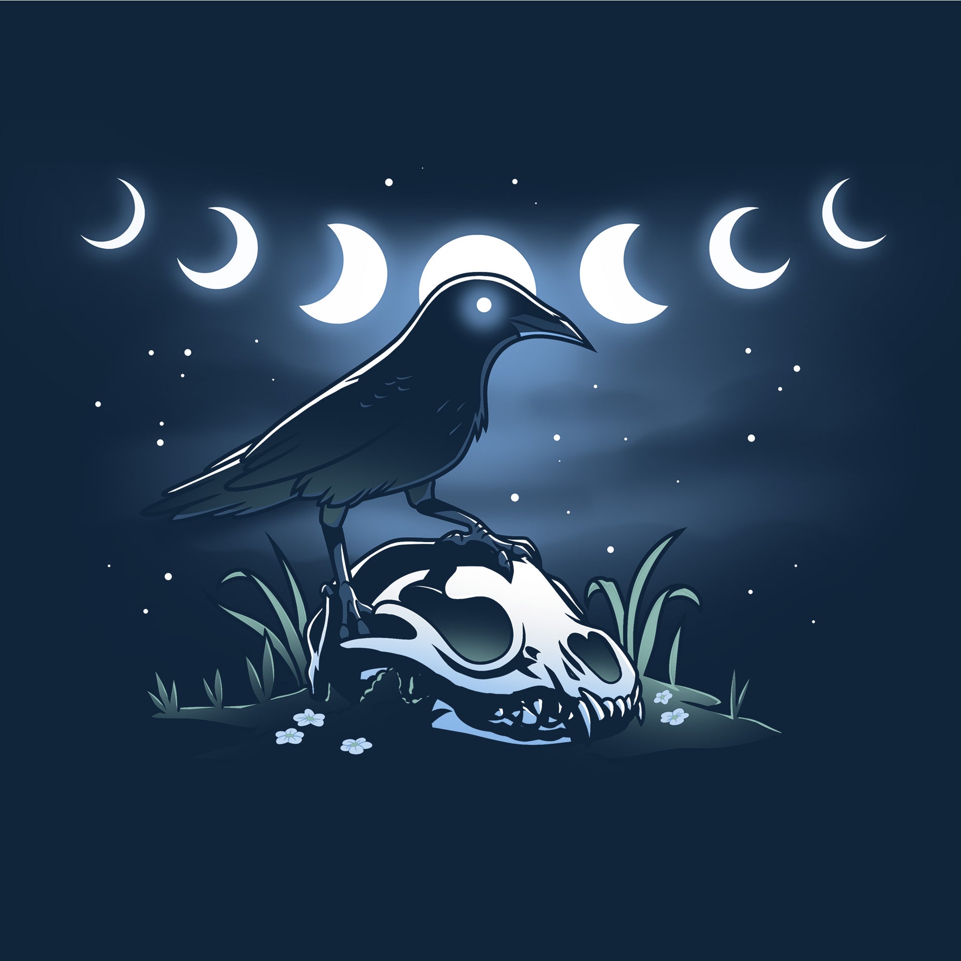 Crew Neck Sweatshirt_TeeTurtle Mystical Crow navy blue design featuring a crow with glowing eyes standing on an animal skull in a grassy area under a night sky.