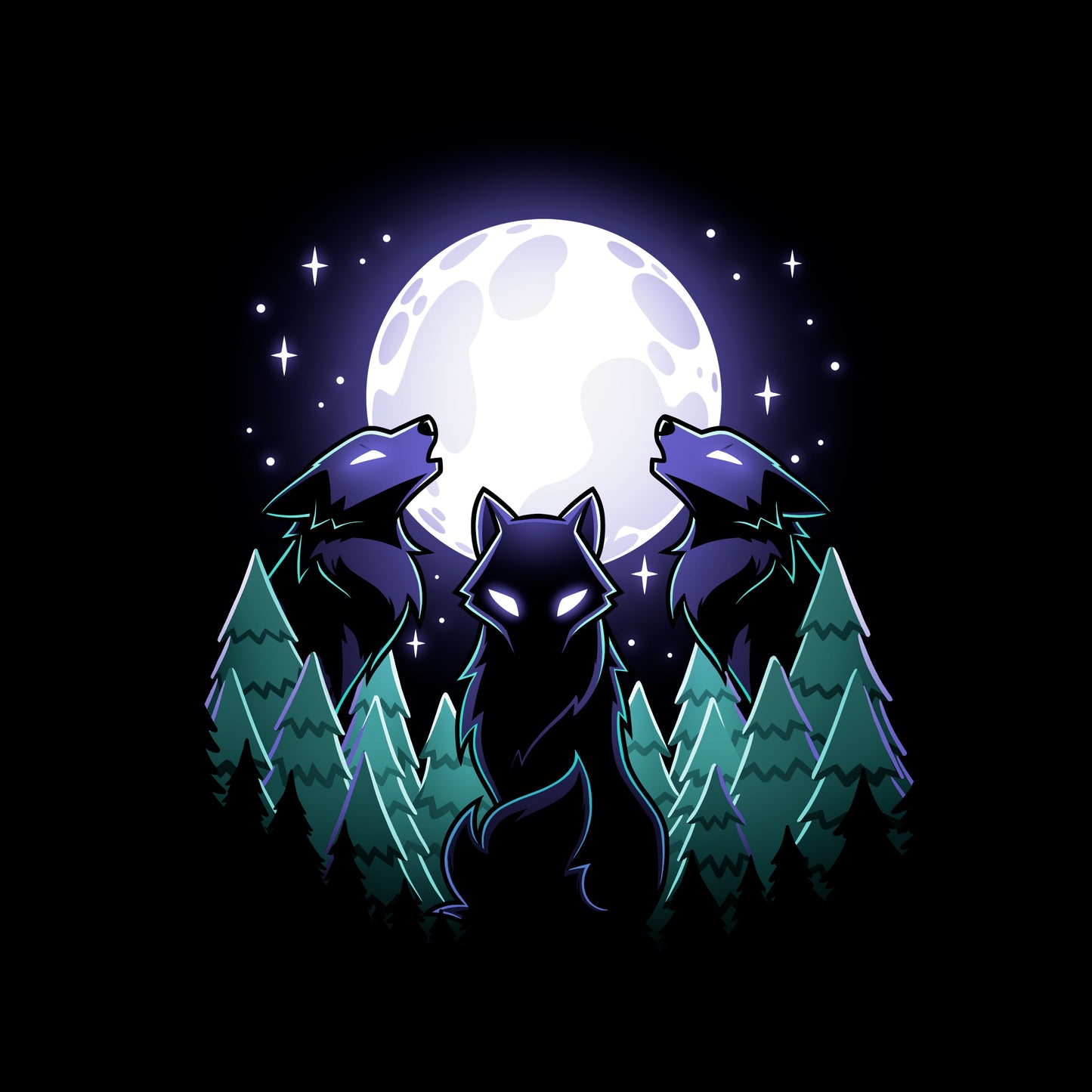 Pullover Hoodie_TeeTurtle Mystical Moon black design featuring three wolves with glowing eyes howl at a large, Mystical Moon, surrounded by a nature forest of evergreen trees and twinkling stars in the night sky.