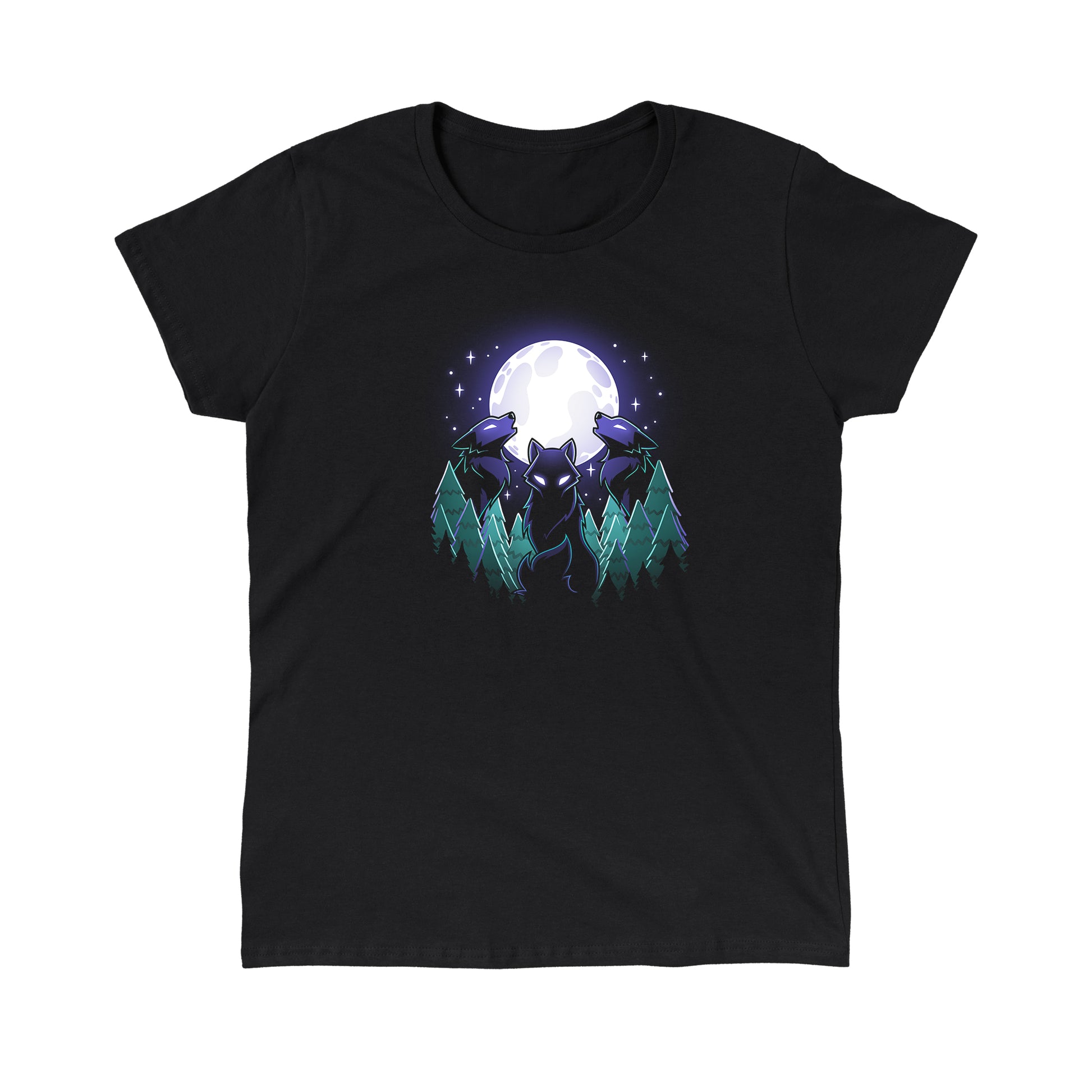 Classic Cotton T-shirt_TeeTurtle Mystical Moon black t-shirt featuring three wolves with glowing eyes howl at a large, Mystical Moon, surrounded by a nature forest of evergreen trees and twinkling stars in the night sky.