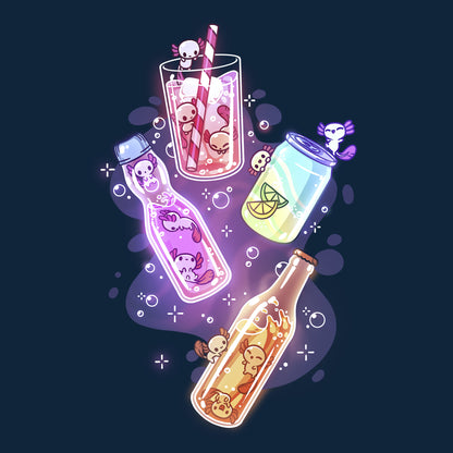 Long Sleeve T-shirt_TeeTurtle navy blue Soda Popolotls apparel featuring small colorful axolotls swimming among various soda drinks that come in a glass, bottle, and can.