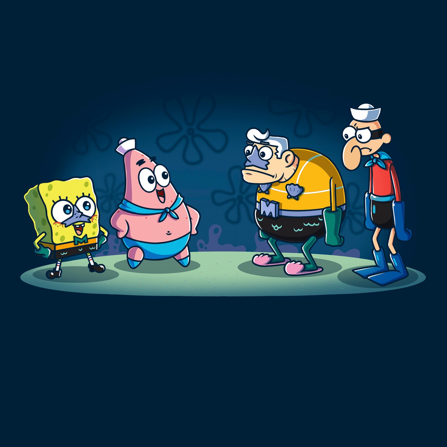 Crew Neck Sweatshirt_TeeTurtle navy blue MermaidBob and BarnaclePat apparel featuring SpongeBob SquarePants in a MermaidMan costume, and Patrick Star in a BarnacleBoy costume with a surprised MermaidMan and grumpy BarnacleBoy looking at them.