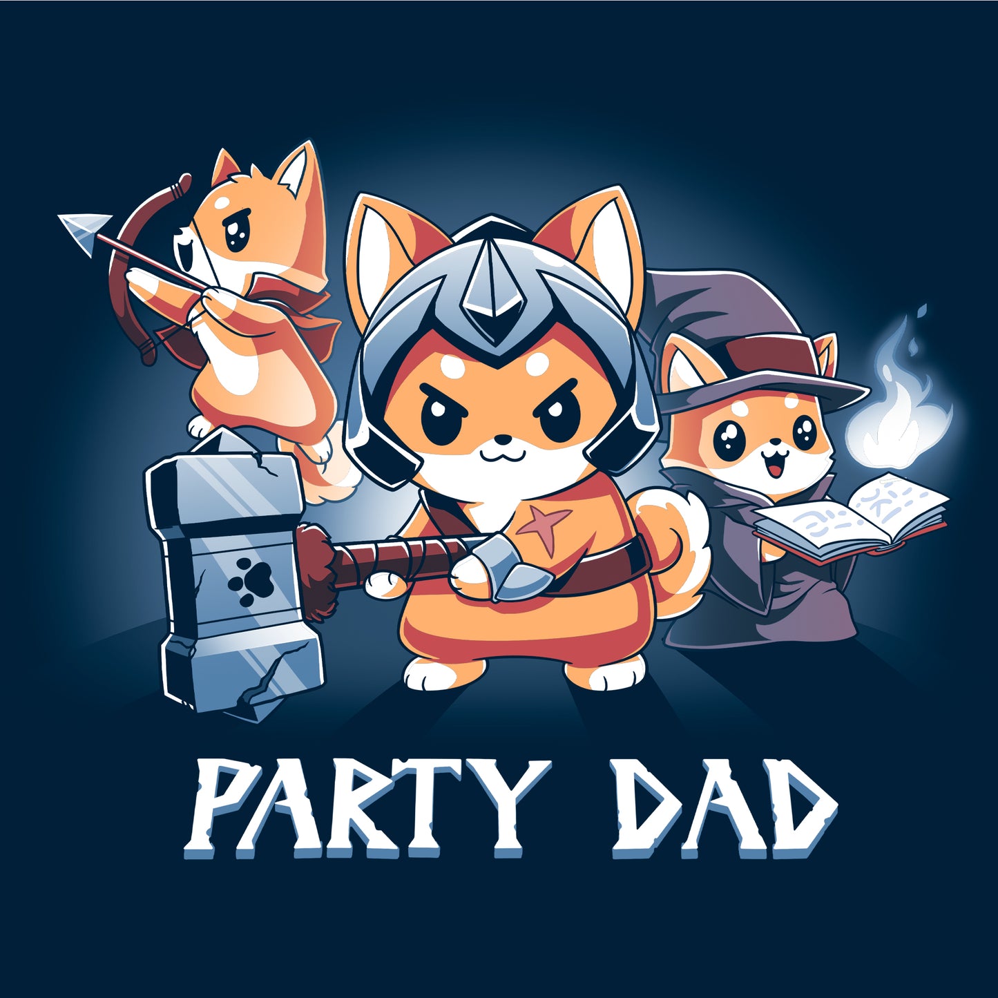 Crew Neck Sweatshirt_TeeTurtle Party Dad navy blue t-shirt featuring a party of three foxes dressed as a warrior, an archer, and wizard with a pun below it.