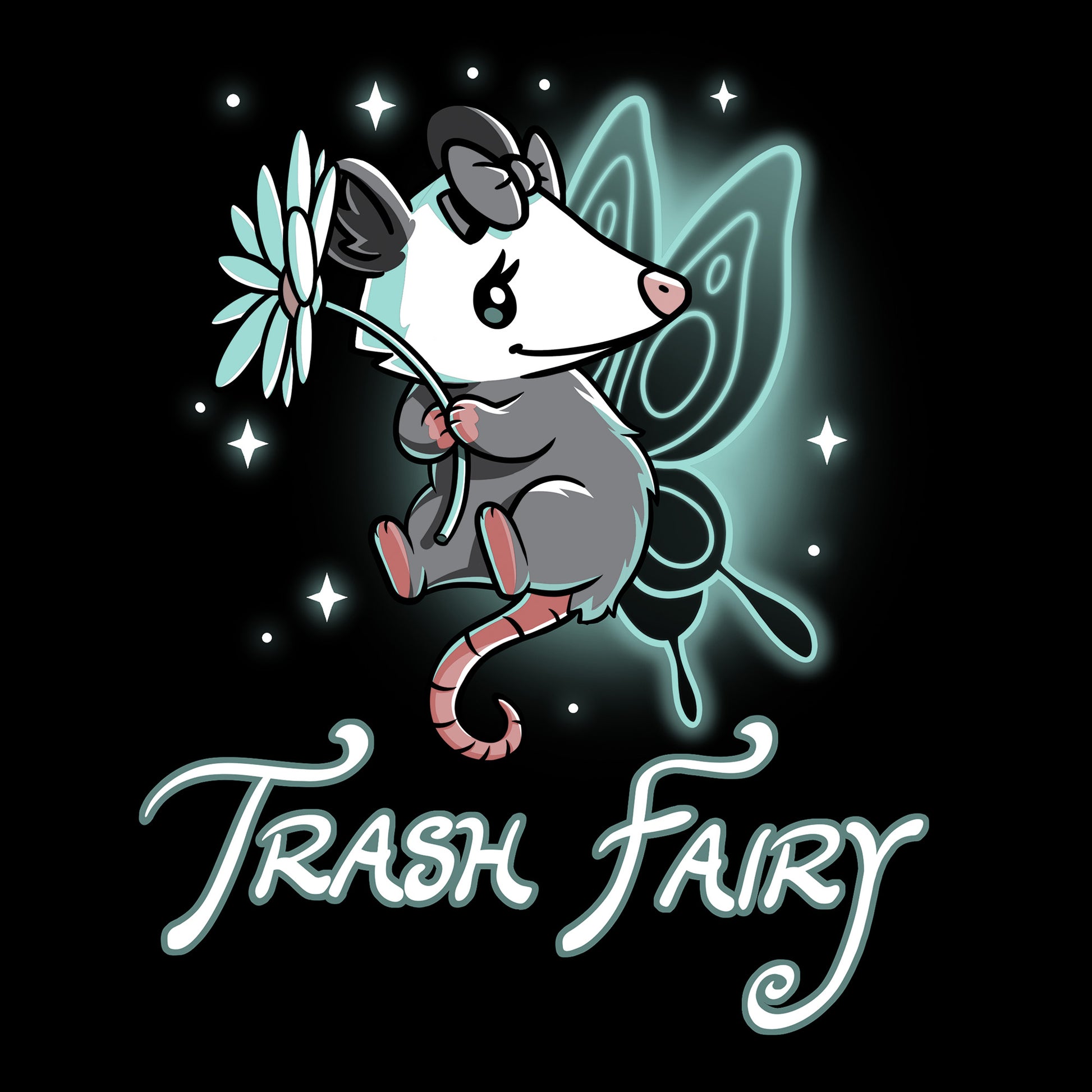 Classic Cotton T-shirt_TeeTurtle black Trash Fairy apparel featuring a magical possum with fairy wings holding a flower. Caption says, "trash fairy".