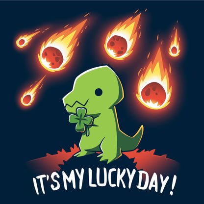 Crew Neck Sweatshirt_TeeTurtle It's My Lucky Day navy blue t-shirt featuring a dinosaur holding a four-leaf clover while meteors fall from the sky. The text below reads, "It's my lucky day!"