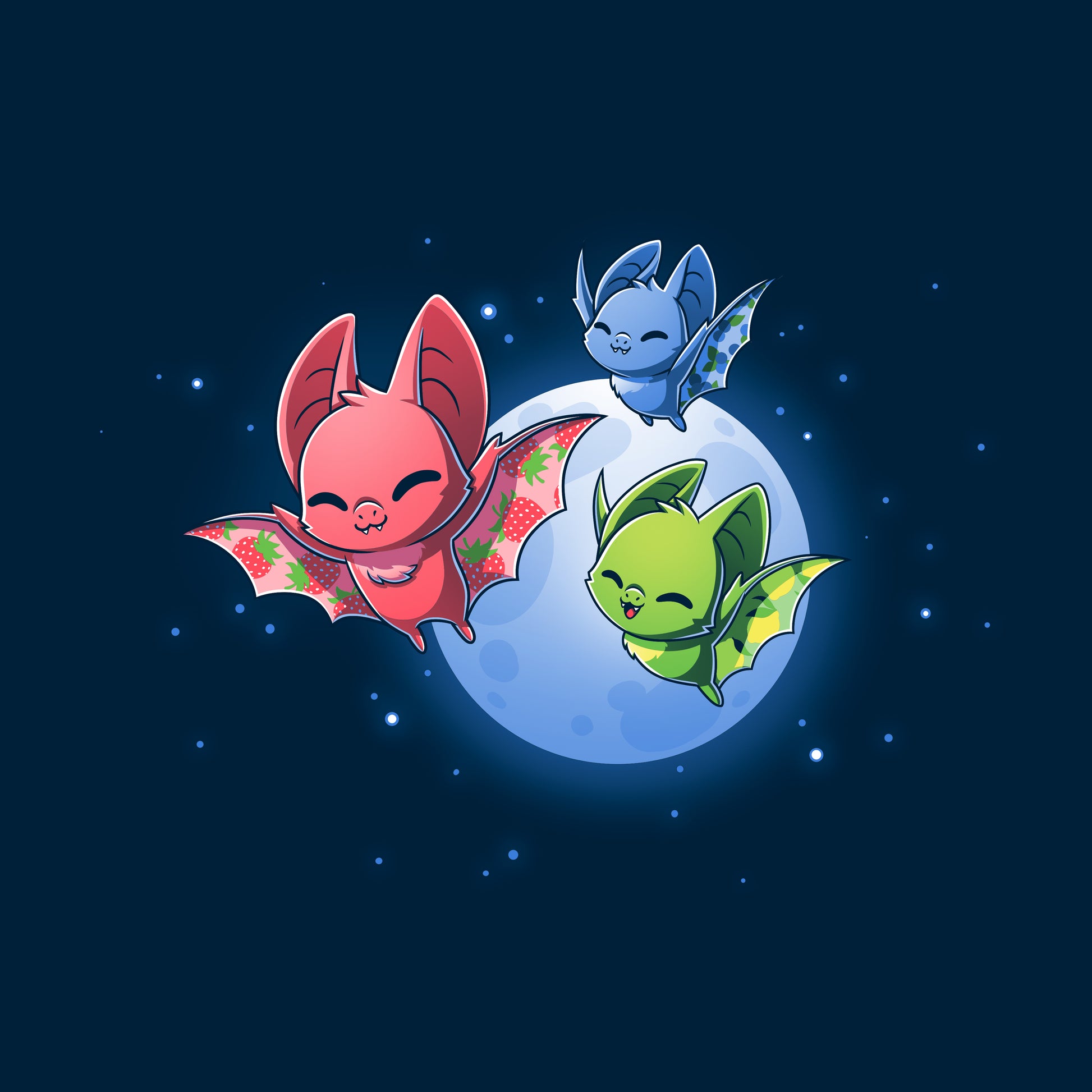 Crew Neck Sweatshirt_TeeTurtle Fruit Bats navy blue design featuring three colorful fruit bats (red, green, blue) with decorative wings flying against a night sky with a full moon and stars.