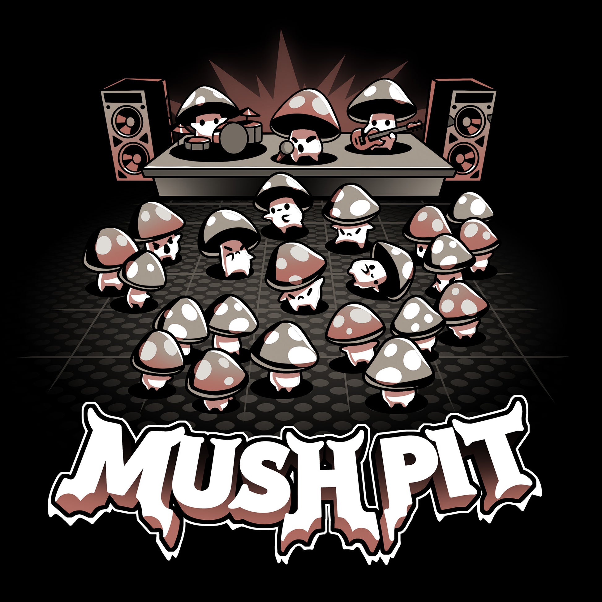 Classic Cotton T-shirt_TeeTurtle black Mush Pit apparel featuring a mushroom rock band playing in front of a bunch of dancing and moshing mushrooms.