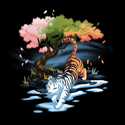 Classic Cotton T-shirt_TeeTurtle Season Keeper black t-shirt featuring a majestic tiger walking below a magical tree that has leaves the color of three seasons.