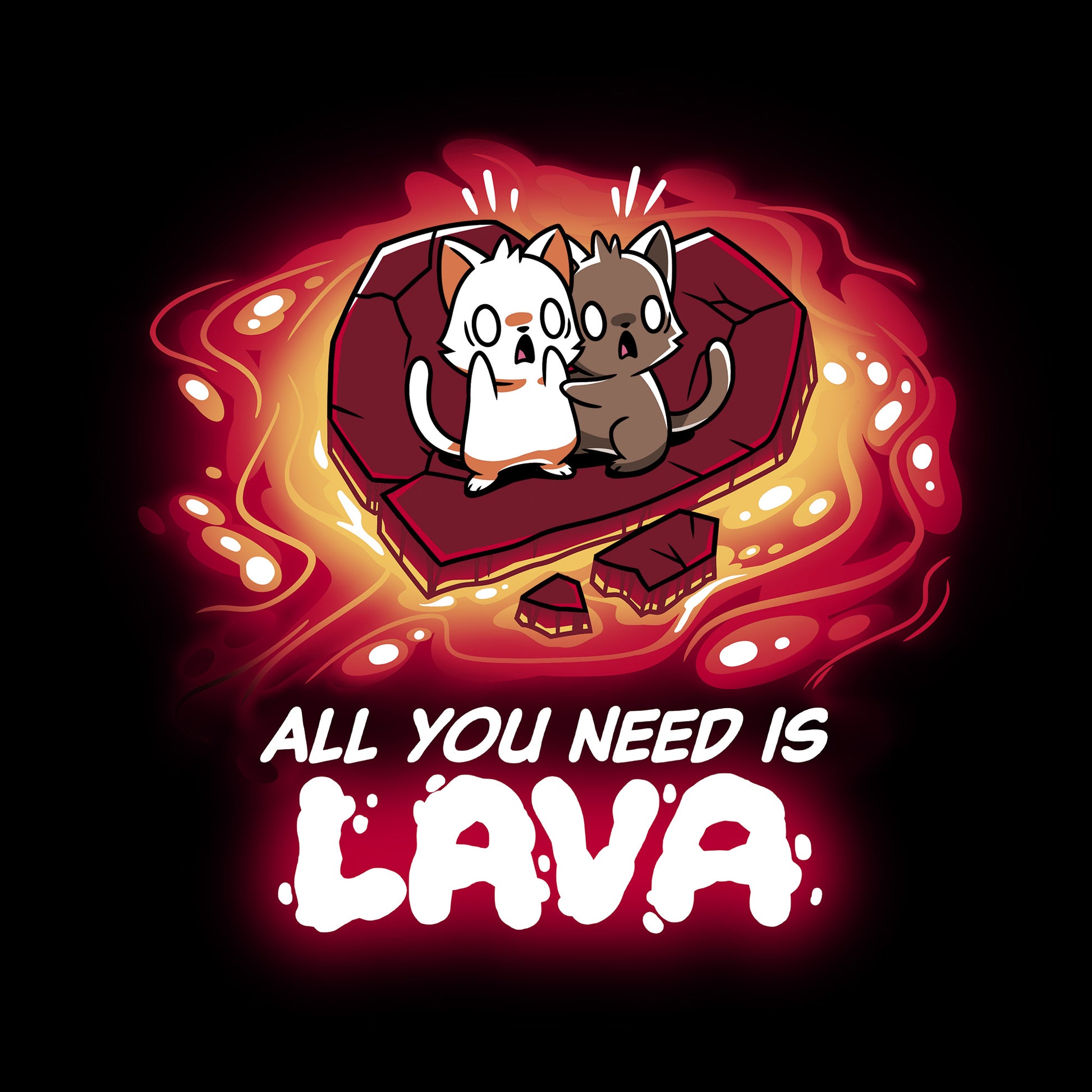 Classic Cotton T-shirt_TeeTurtle All You Need is Lava black t-shirt featuring two cats standing on a piece of stone in the shape of a heart floating on lava with a pun below.