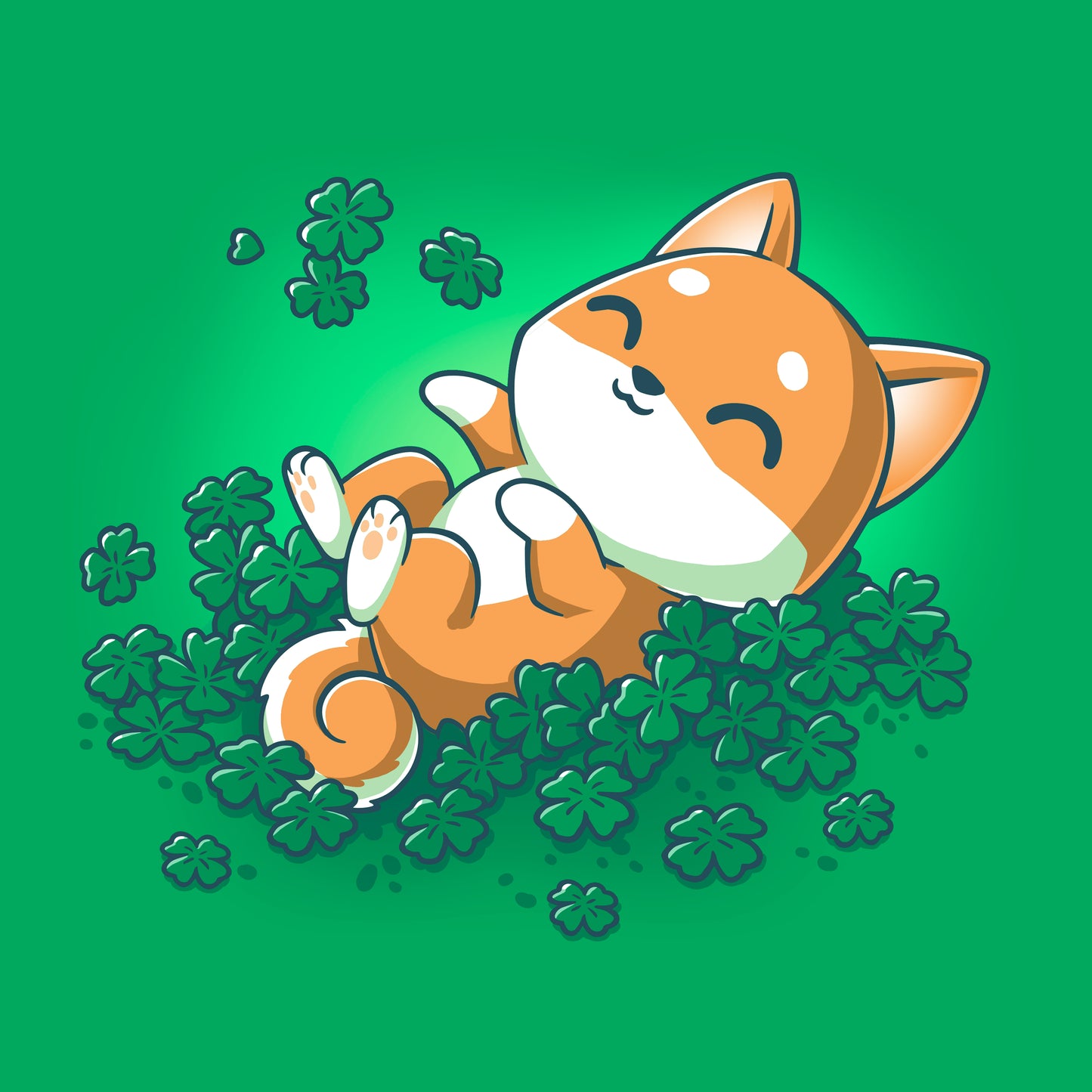 Classic Cotton T-shirt_TeeTurtle Lucky Shiba irish green t-shirt featuring a happy shiba inu dog rolling around in four leaf clovers.