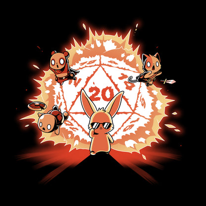 Classic Cotton T-shirt_TeeTurtle black Critical Hit apparel featuring a cool bunny with sunglasses walking away from an exploding 20 sided die, with the 20 side showing. Other animals with armor are jumping out of the way.