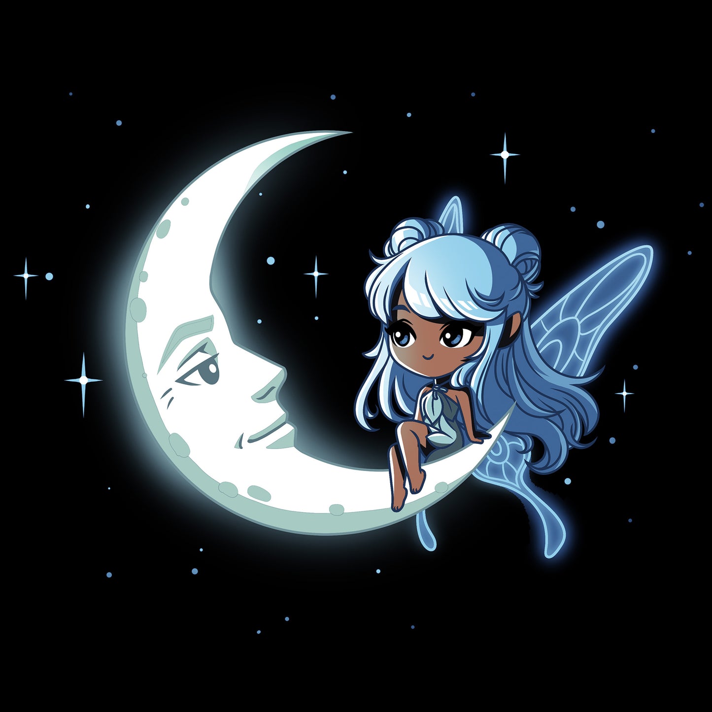 Classic Cotton T-shirt_TeeTurtle Celestial Fairy black t-shirt featuring a space fairy with blue hair and wings sitting on a crescent moon that has a face with stars in the background.