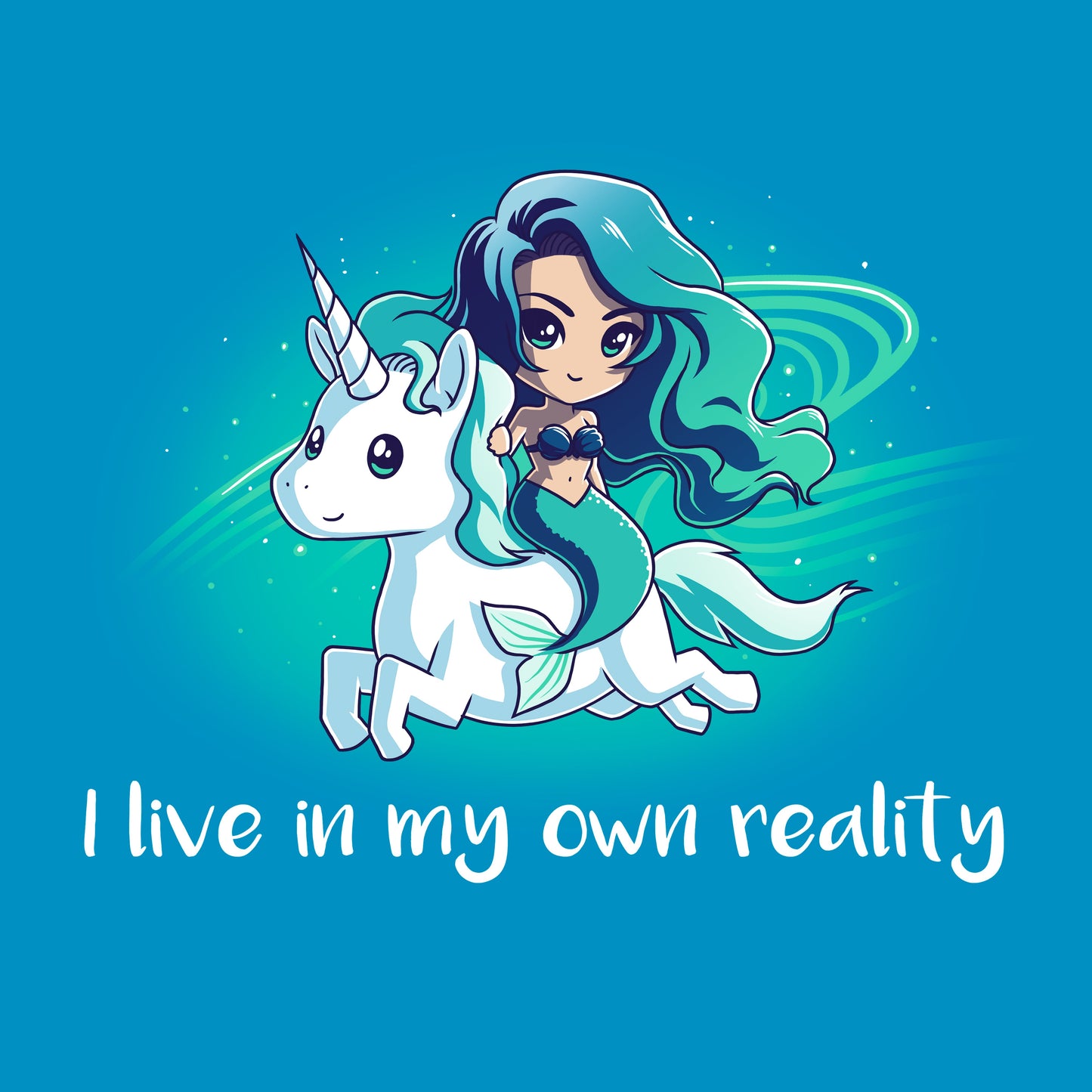 Classic Cotton T-shirt_TeeTurtle sapphire blue My Reality. Featuring a blue-haired mermaid riding a white unicorn.