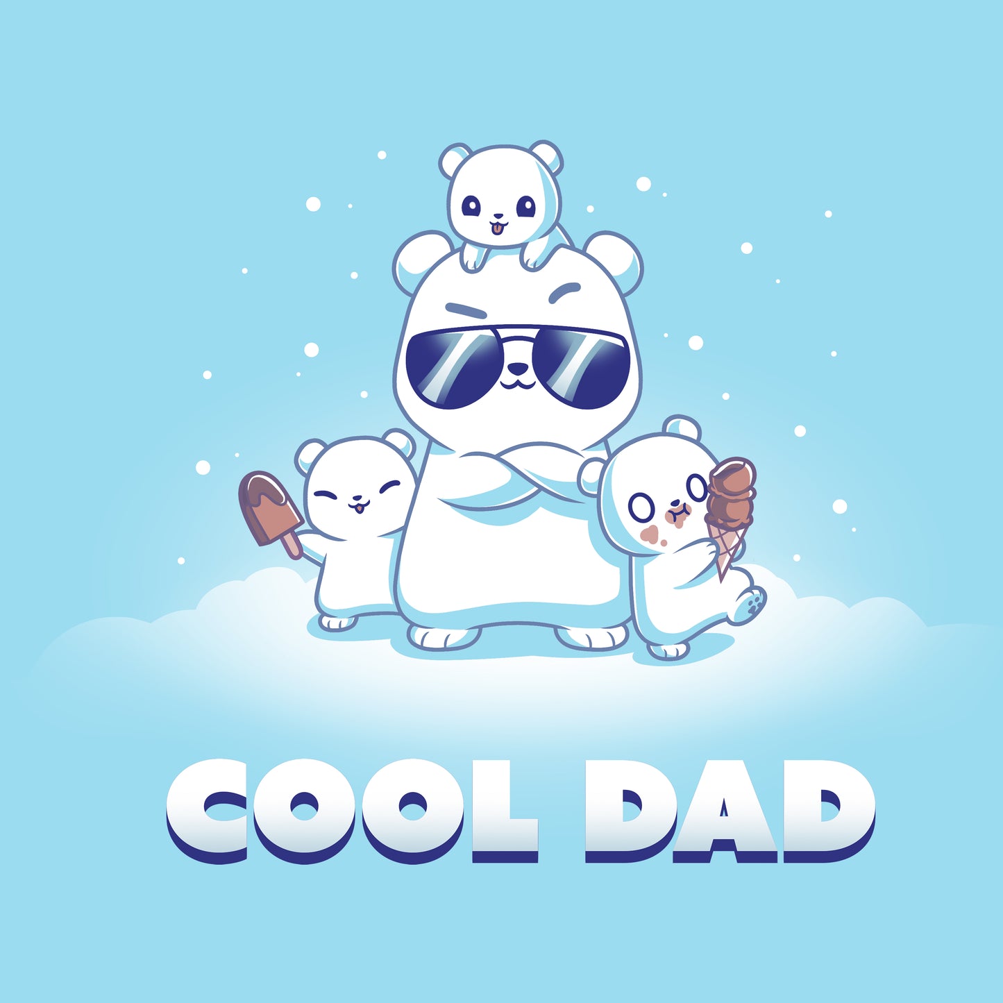 Classic Cotton T-shirt_TeeTurtle light blue Cool Dad (Polar Bear) apparel featuring a dad polar bear with sunglasses and his arms crossed, two of his cubs holding frozen desserts, one cub perched on top of his head with snow falling around them, and the caption, "Cool Dad". 