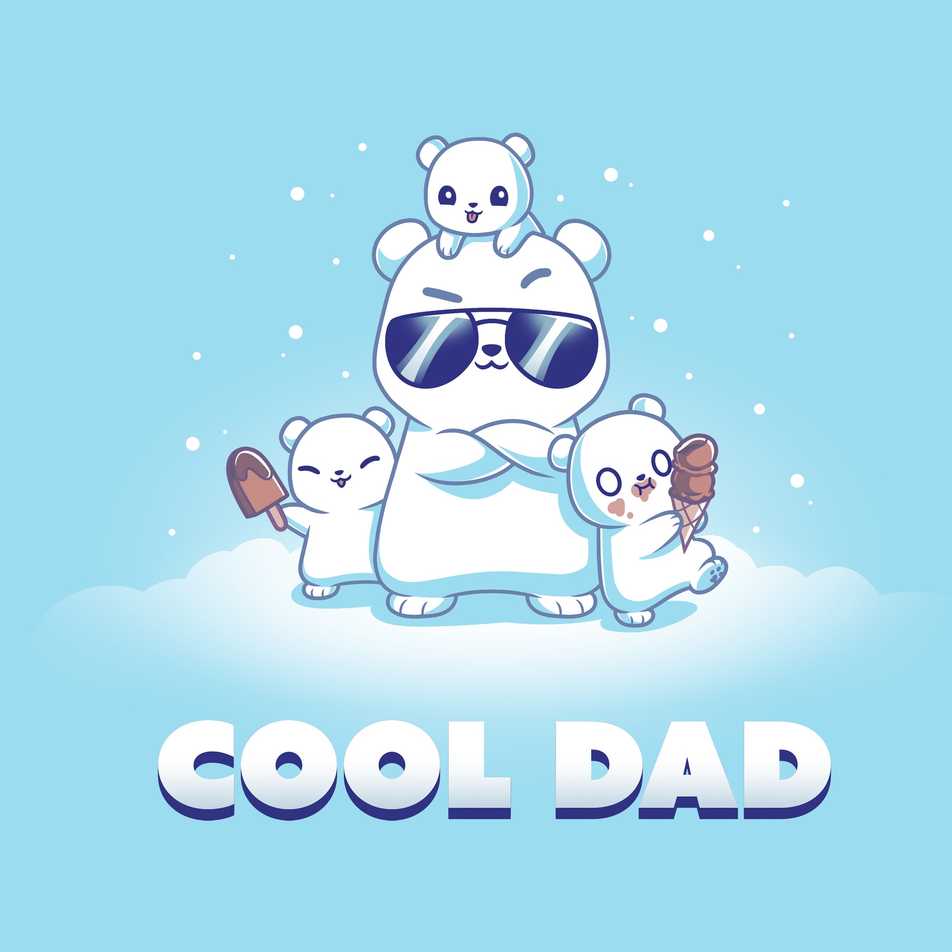 Classic Cotton T-shirt_TeeTurtle light blue Cool Dad (Polar Bear) apparel featuring a dad polar bear with sunglasses and his arms crossed, two of his cubs holding frozen desserts, one cub perched on top of his head with snow falling around them, and the caption, "Cool Dad". 