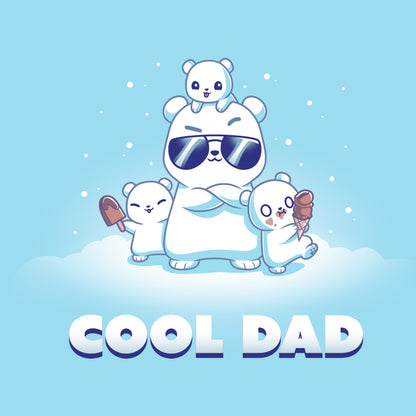Classic Cotton T-shirt_TeeTurtle light blue Cool Dad (Polar Bear) apparel featuring a dad polar bear with sunglasses and his arms crossed, two of his cubs holding frozen desserts, one cub perched on top of his head with snow falling around them, and the caption, "Cool Dad". 