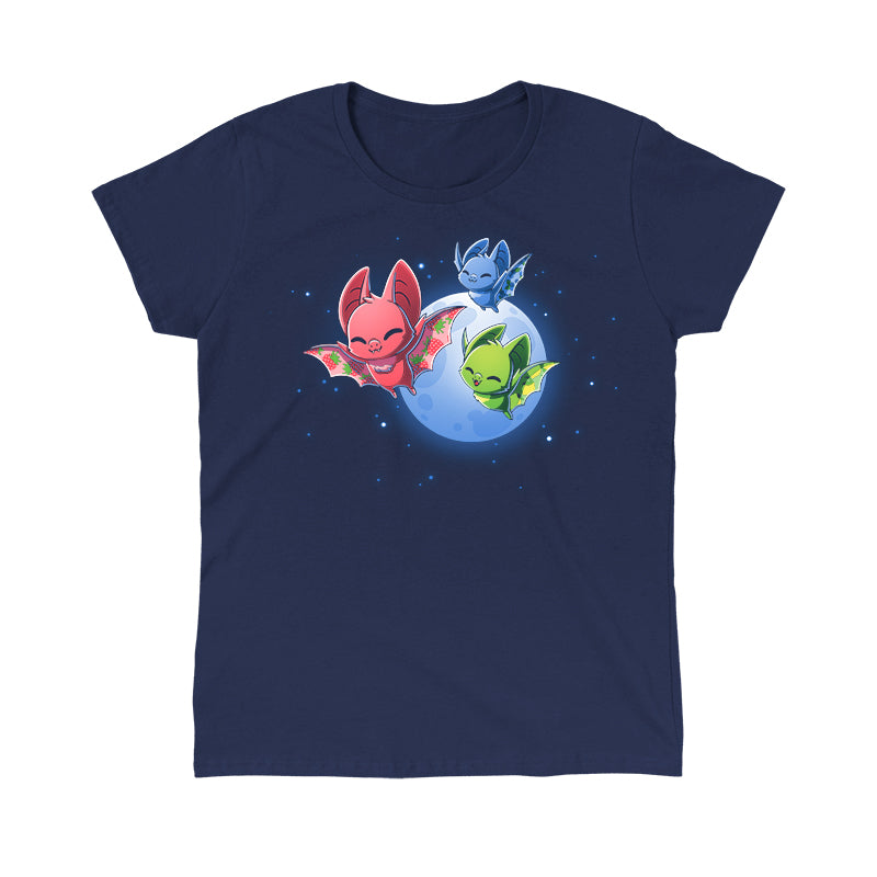 Classic Cotton T-shirt_TeeTurtle Fruit Bats navy blue t-shirt featuring three colorful fruit bats (red, green, blue) with decorative wings flying against a night sky with a full moon and stars.