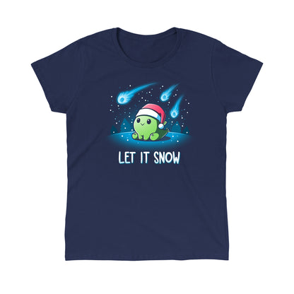 Classic Cotton T-shirt_TeeTurtle let it snow navy blue t-shirt featuring a dinosaur wearing a santa hat.