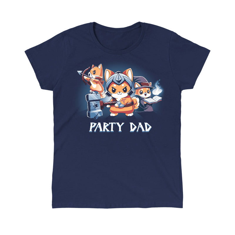 Classic Cotton T-shirt_TeeTurtle Party Dad navy blue t-shirt featuring a party of three foxes dressed as a warrior, an archer, and wizard with a pun below it.