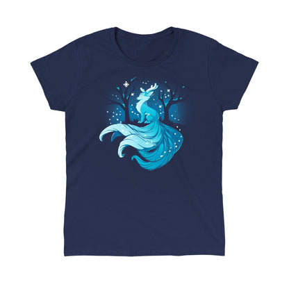 Classic Cotton T-shirt_TeeTurtle Winter Kitsune navy blue t-shirt featuring a blue, fox-like creature with antlers, long tails, and a flowing mane sitting in a snowy forest with bare trees.