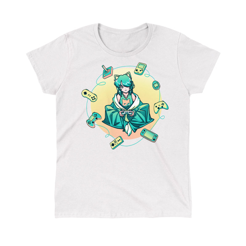 Classic Cotton T-shirt_TeeTurtle Cozy Gamer Girl white t-shirt featuring an Anime character  holding a game controller.