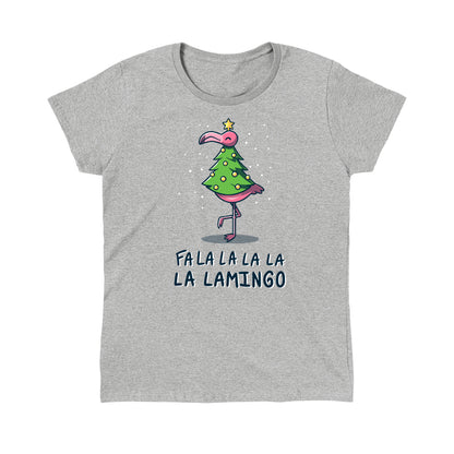 Classic Cotton T-shirt_TeeTurtle Fa La La Lamingo heather gray t-shirt featuring a flamingo dressed up as a Christmas tree