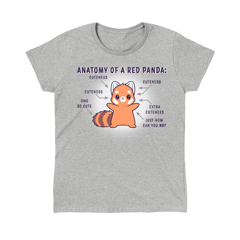 Classic Cotton T-shirt_TeeTurtle Anatomy of a Red Panda heather gray t-shirt featuring a kawaii red panda with a cute expression standing with arms out and arrows pointing to different parts of the red panda and captions to different parts of its body that say "Cuteness," "Extra Cuteness," "Just how can you not" and "OMG So Cute".